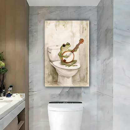 Banjo frog canvas wall art displayed as unframed canvas with matching edges in a marble bathroom.