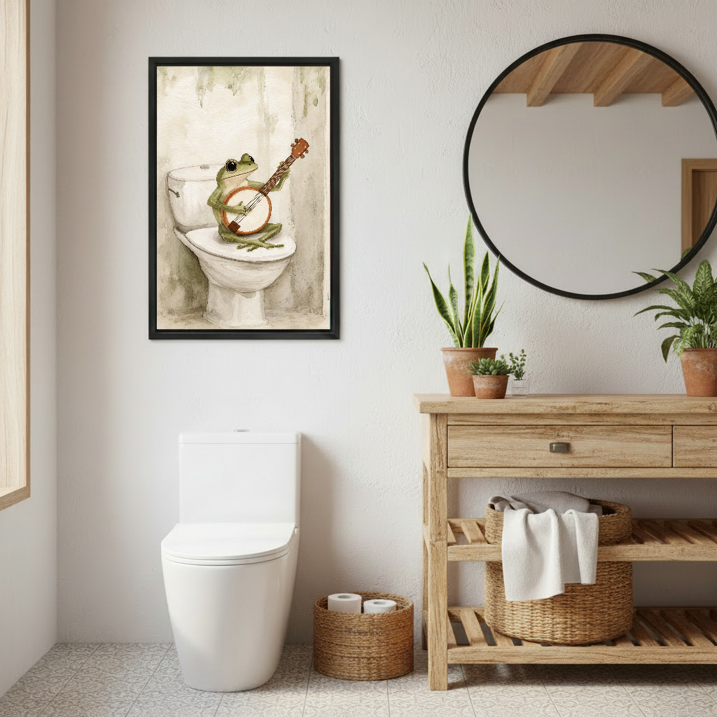 Banjo frog canvas wall art shown again above a toilet beside a wooden bathroom vanity.