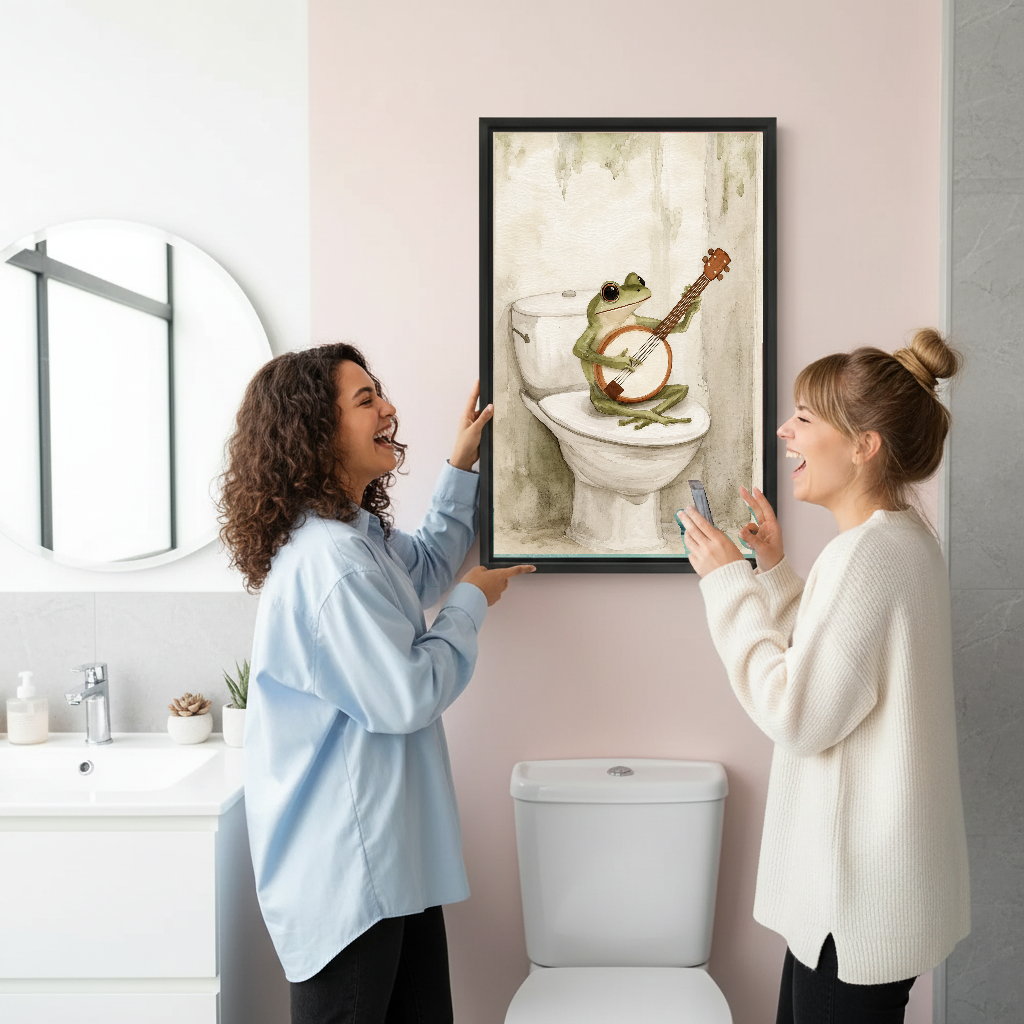 Two women enjoying framed banjo frog canvas wall art together in a bright modern bathroom.