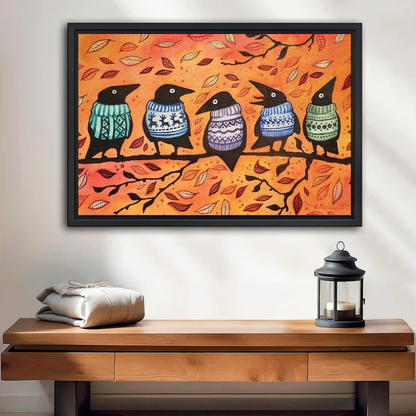Autumn Sweater Crows canvas art framed above a wooden table and lantern.