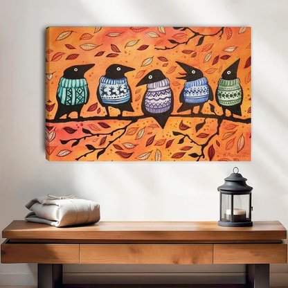 Autumn Sweater Crows canvas art unframed above a wooden table and lantern.