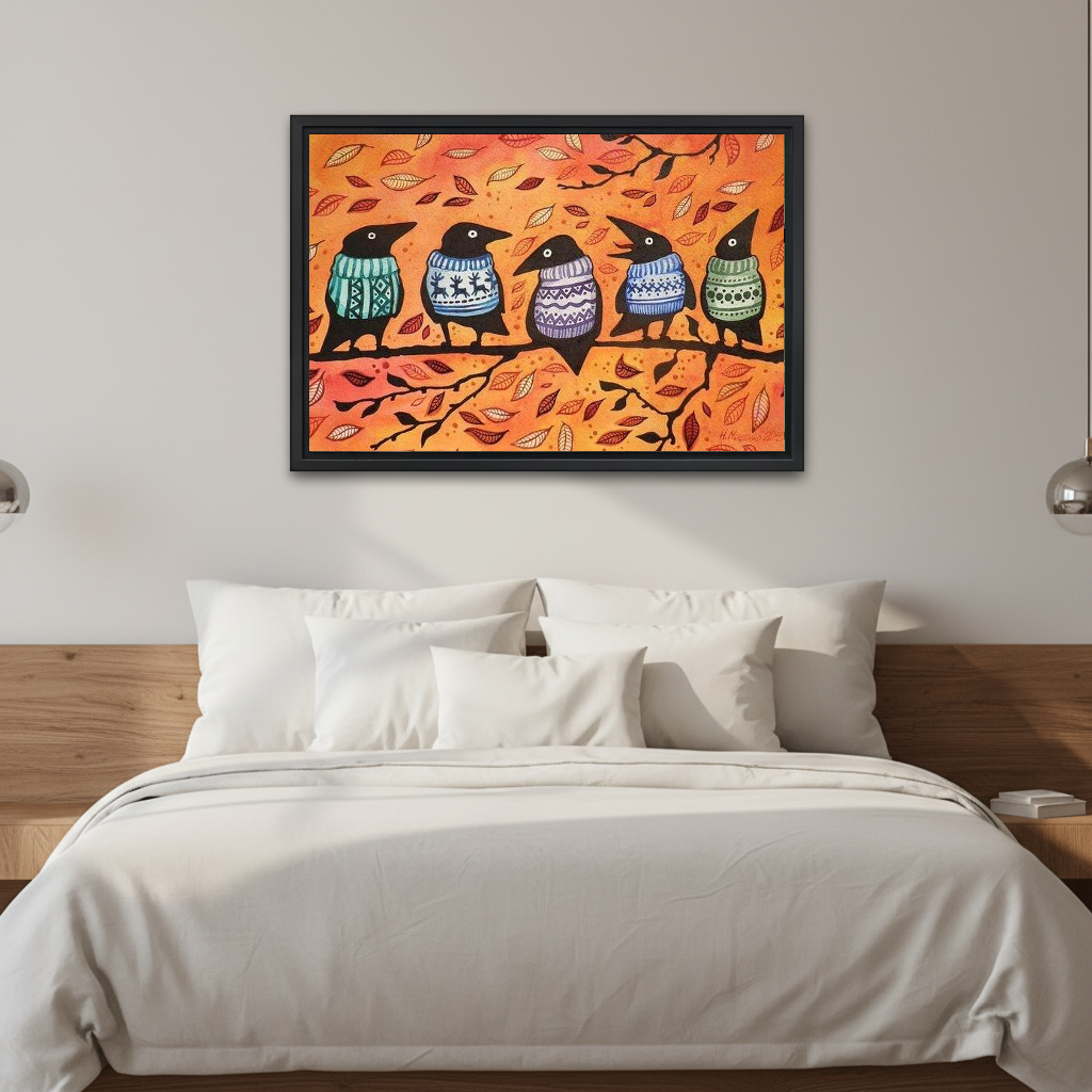 Autumn Sweater Crows canvas art framed above a white bed in a neutral bedroom.