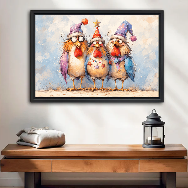 Christmas chickens canvas wall art displayed in a black frame above a wooden table and lantern.