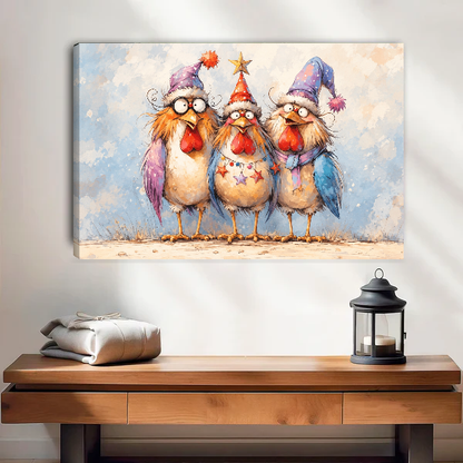 Christmas chickens canvas wall art shown as an unframed canvas above a warm wooden table.