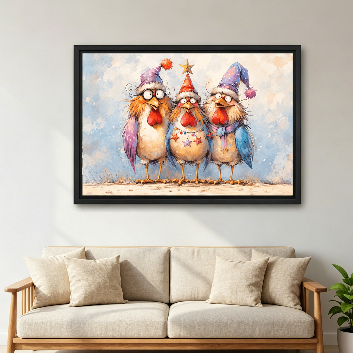 Christmas chickens canvas wall art in a black frame above a cream sofa with wooden arms.