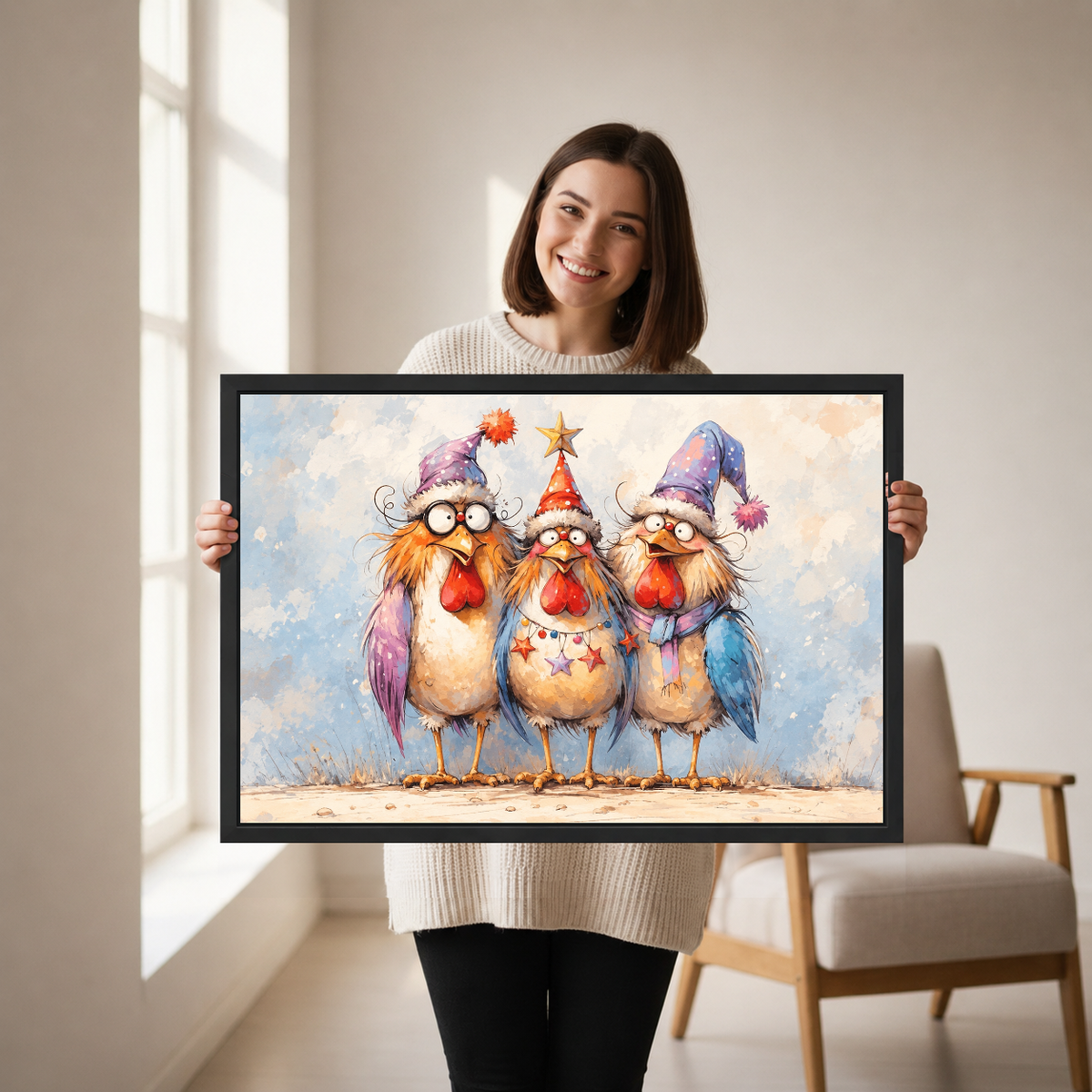 Woman holding framed Christmas chickens canvas wall art in a softly lit neutral living room.
