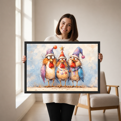 Woman holding framed Christmas chickens canvas wall art in a softly lit neutral living room.