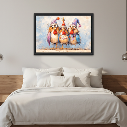 Christmas chickens canvas wall art displayed above a white bed in a calm neutral bedroom.