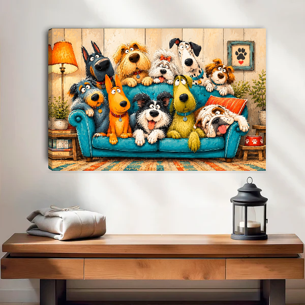 Whimsical dogs canvas wall art shown as an unframed canvas above a warm wooden table.