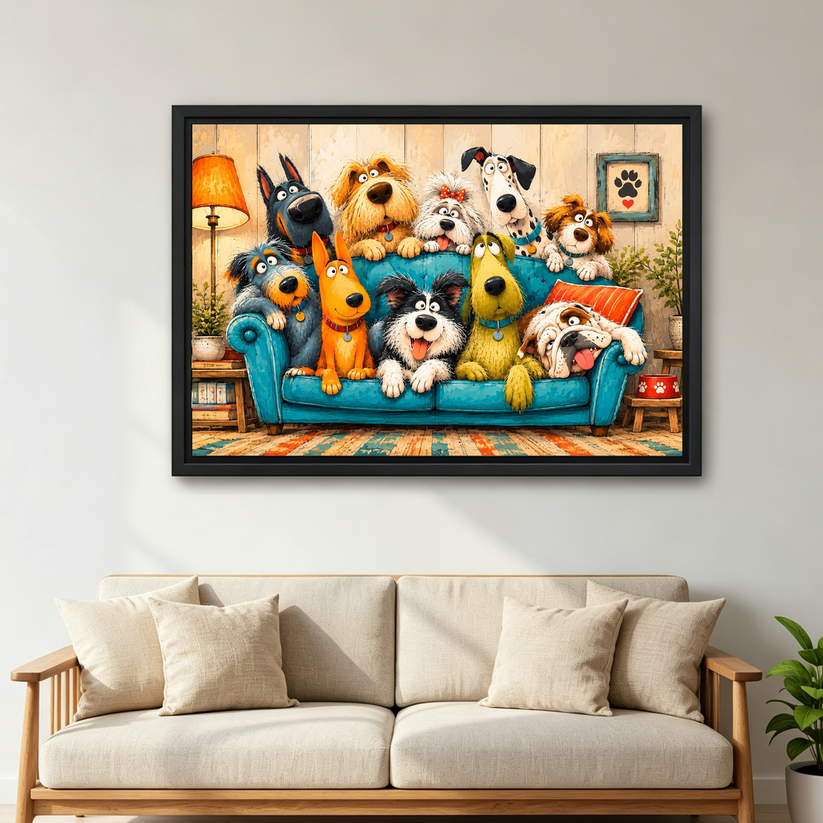Whimsical dogs canvas wall art in a black frame above a cream sofa with wooden arms.