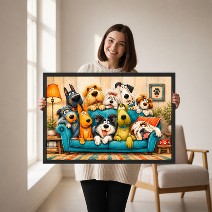 Woman holding framed whimsical dogs canvas wall art in a softly lit neutral living room.