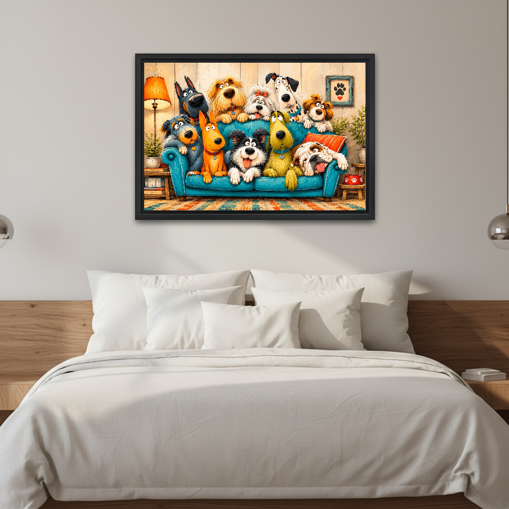 Whimsical dogs canvas wall art displayed above a white bed in a calm neutral bedroom.
