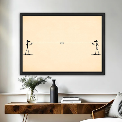 Minimalist Cowboy Duel artwork in a black frame above a live-edge wooden desk.