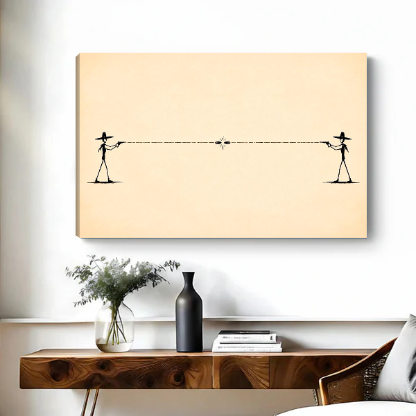 Minimalist Cowboy Duel artwork as unframed canvas above a wooden desk with black vase.