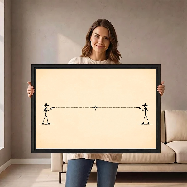 Minimalist Cowboy Duel artwork held in a black frame by a woman beside a cream sofa.