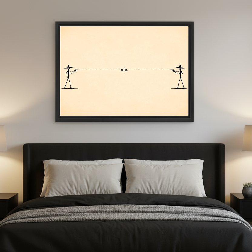 Minimalist Cowboy Duel artwork in a black frame above a bed with dark headboard.