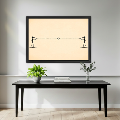 Minimalist Cowboy Duel artwork in a black frame above a black console with plants.