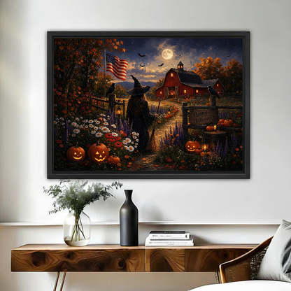 Moonlit Halloween Farm artwork in a black frame above a live-edge wooden desk.