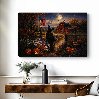 Moonlit Halloween Farm artwork as unframed canvas above a wooden desk with black vase.