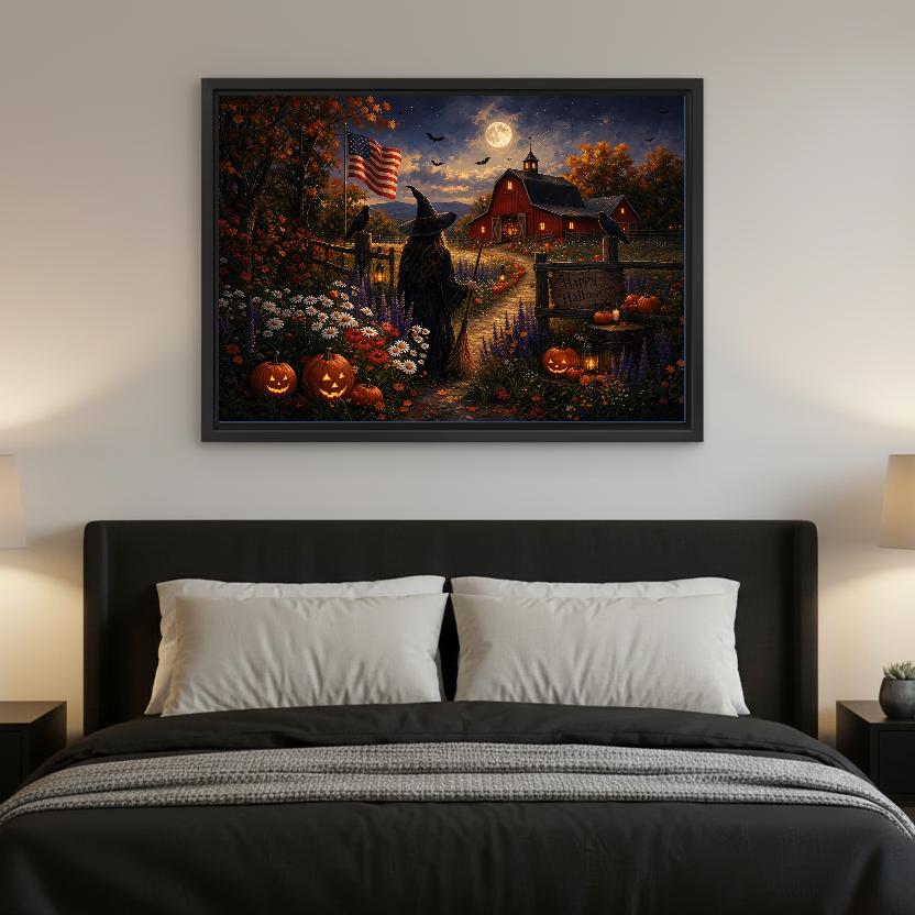 Moonlit Halloween Farm artwork in a black frame above a bed with dark headboard.