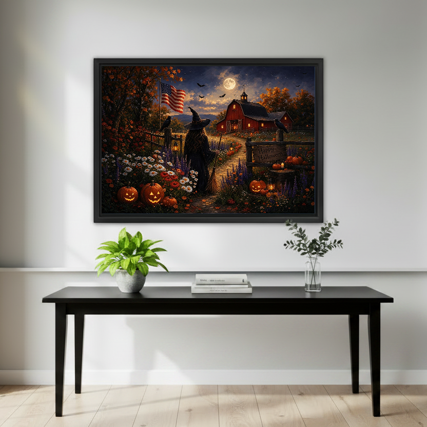 Moonlit Halloween Farm artwork in a black frame above a black console with plants.