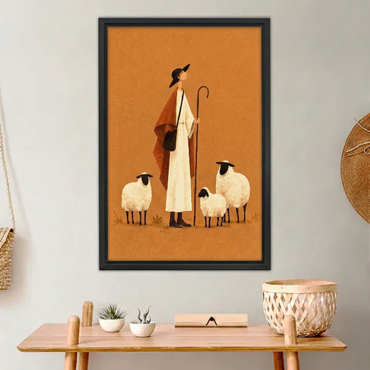 Folk shepherd canvas wall art in a black frame above a warm wooden console.