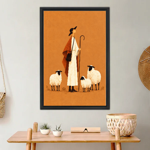 Folk shepherd canvas wall art in a black frame above a warm wooden console.