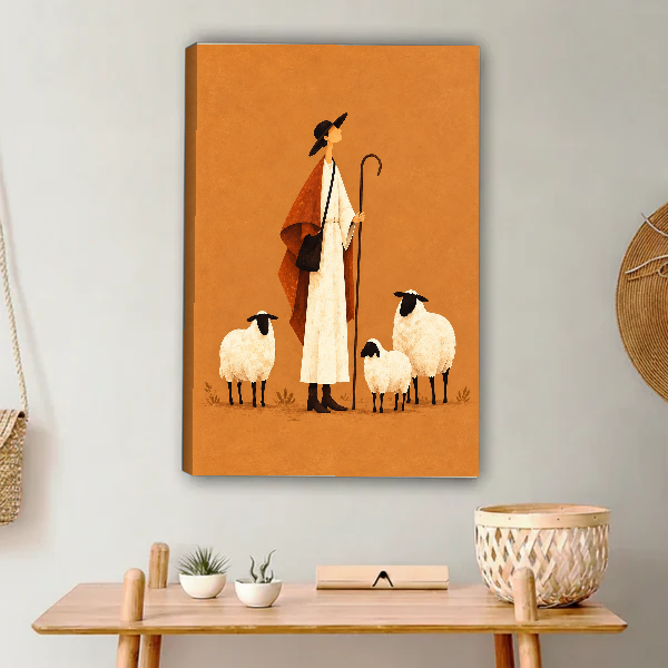 Folk shepherd canvas wall art displayed as unframed canvas with matching orange wrap above a console.