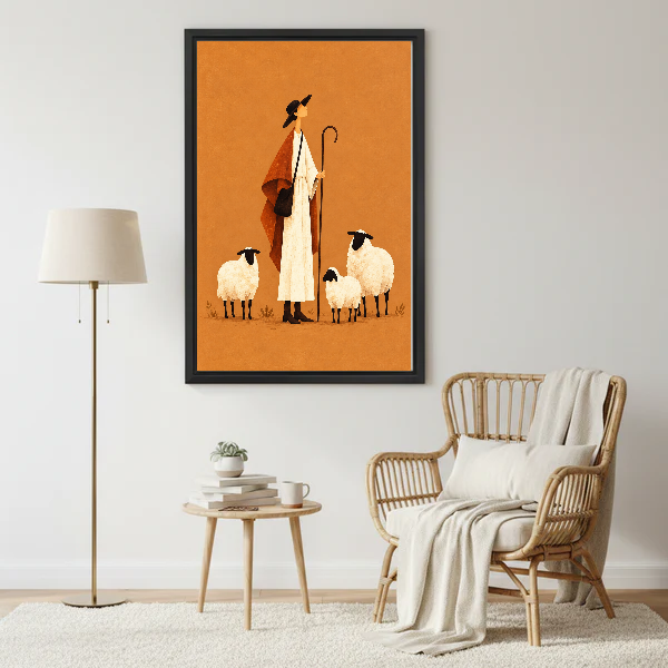 Folk shepherd canvas wall art hanging beside a floor lamp above a pale rattan chair.