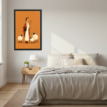 Folk shepherd canvas wall art in a black frame above a calm cream bedroom setting.