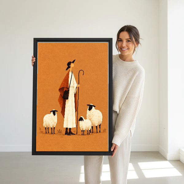 Woman holding framed folk shepherd canvas wall art with three sheep in a bright neutral room.