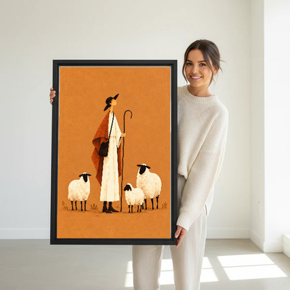 Woman holding framed folk shepherd canvas wall art with three sheep in a bright neutral room.