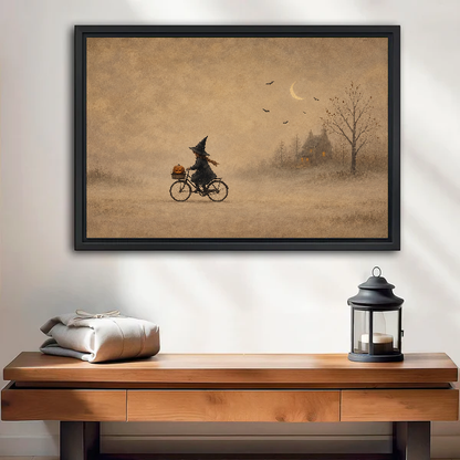 Whimsical Cycling Witch artwork in a black frame above a wooden table and lantern.