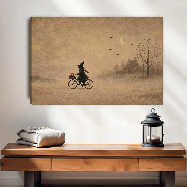 Whimsical Cycling Witch artwork as unframed canvas above a warm wooden table.