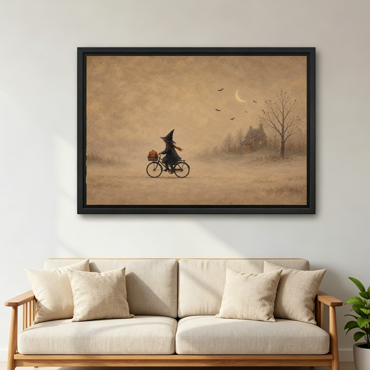 Whimsical Cycling Witch artwork in a black frame above a cream sofa with wooden arms.