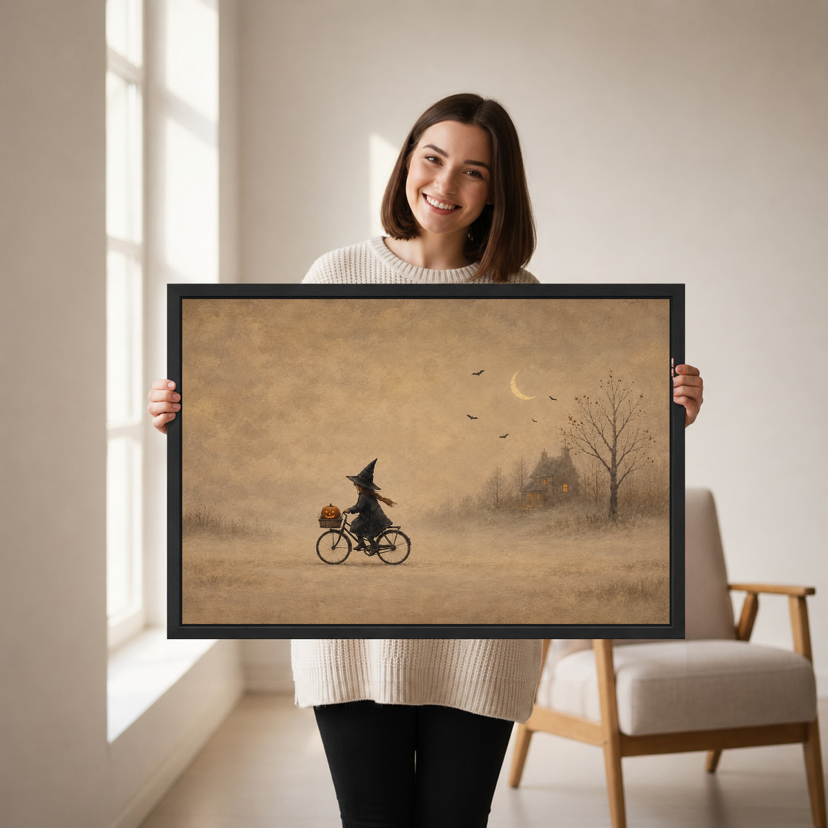 Whimsical Cycling Witch artwork held by a woman in a softly lit neutral living room.