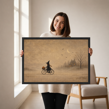 Whimsical Cycling Witch artwork held by a woman in a softly lit neutral living room.