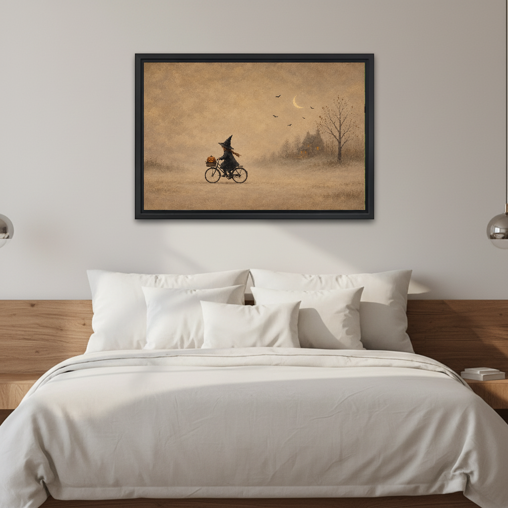 Whimsical Cycling Witch artwork in a black frame above a white bed in a calm bedroom.