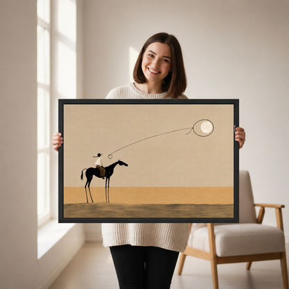 Surreal Cowboy Moon Lasso artwork held by a woman in a softly lit neutral living room.