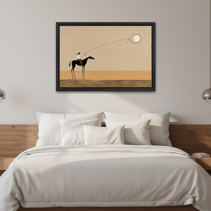 Surreal Cowboy Moon Lasso artwork in a black frame above a white bed in a calm bedroom.
