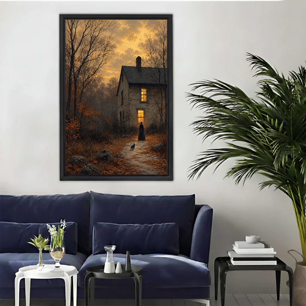 Gothic Cottage Twilight artwork in a black frame above a navy sofa beside a palm.