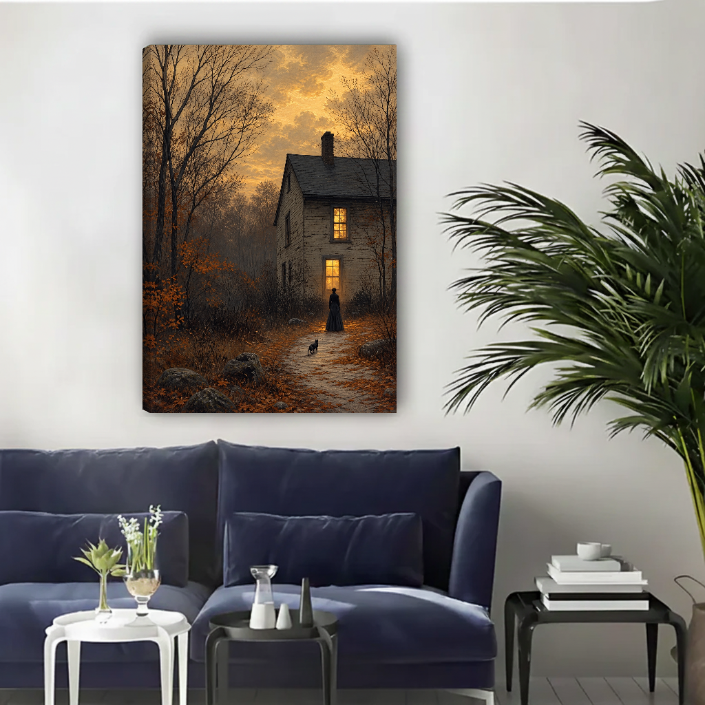 Gothic Cottage Twilight artwork as unframed canvas above a navy sofa beside a palm.