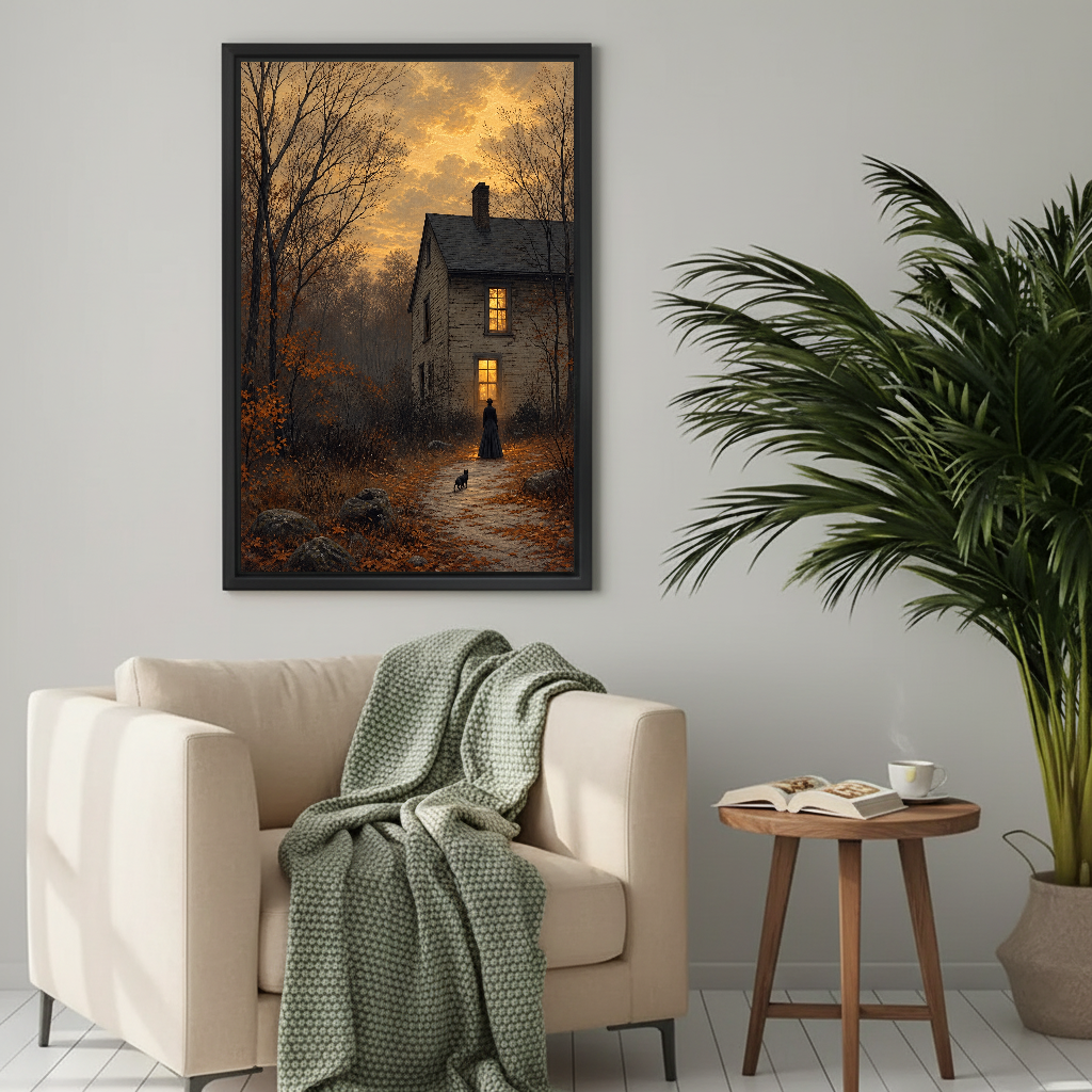 Gothic Cottage Twilight artwork in a black frame near a cream chair in a bright room.