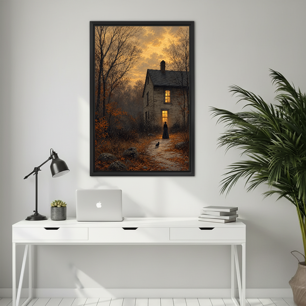 Gothic Cottage Twilight artwork in a black frame above a desk in a quiet office.