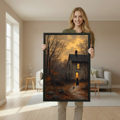 Gothic Cottage Twilight artwork held by a woman in a softly lit neutral interior.