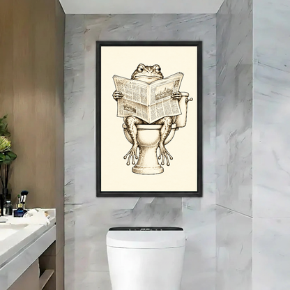 Newspaper frog canvas wall art in a black frame above a toilet against marble walls.