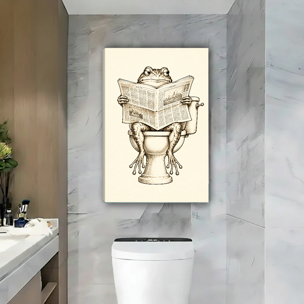 Newspaper frog canvas wall art displayed as unframed canvas with matching edges in a marble bathroom.