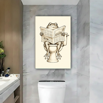 Newspaper frog canvas wall art displayed as unframed canvas with matching edges in a marble bathroom.