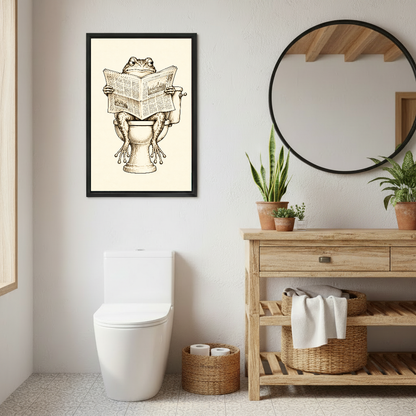 Newspaper frog canvas wall art beside a round mirror and wooden vanity in a bright bathroom.