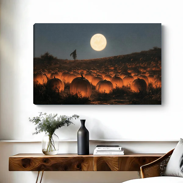 Moonlit Glowing Pumpkin Field artwork as unframed canvas above a wooden desk with black vase.
